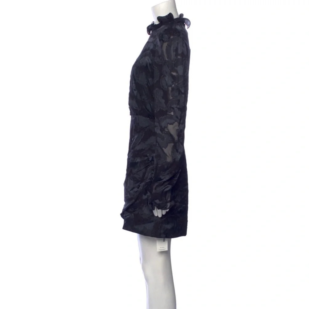 Saloni Floral Print Mini Dress Size US 4 Black‎ Grey Ruffles Long Sleeve Silk - Picture 7 of 12